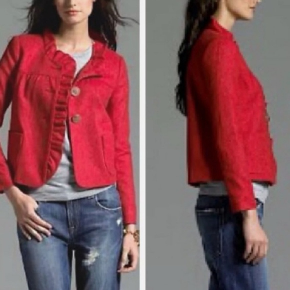 J. Crew Red Ruffle Button Jacket - Picture 2 of 8